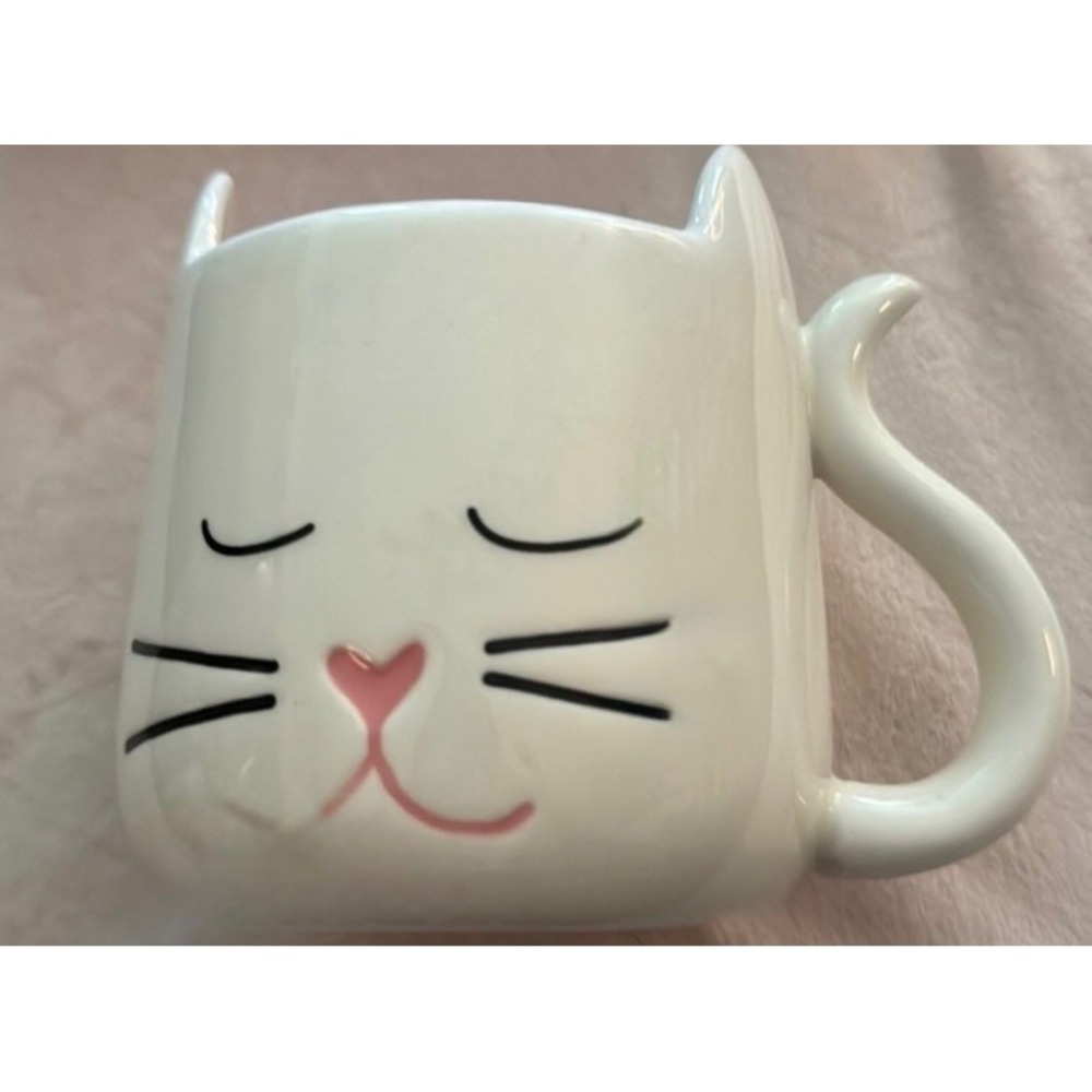 White Cat‎ Shaped Coffee Mug with Ears & Tail Handle Whimsical Cute Coffee Cup